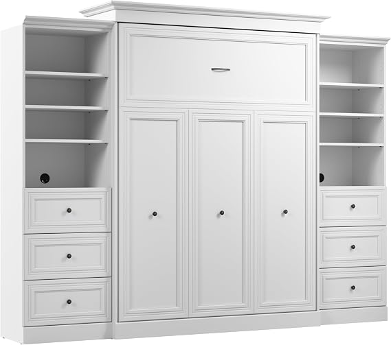 Bestar Versatile Queen Murphy Bed and 2 Closet Organizers with Drawers (115W) in White, Sleeping Arrangement and Wardrobes for Multipurpose Room