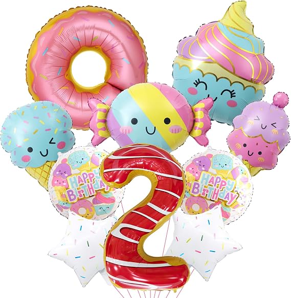 10Pcs Ice Cream Balloons, Donut Candy Birthday Number Mylar Foil Balloons Ice Cream Theme 2nd Birthday Party Supplies Decorations