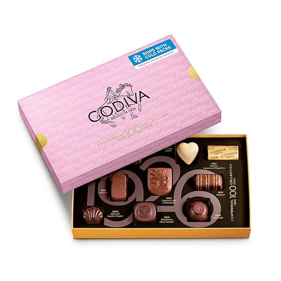 Godiva Centennial Belgian Chocolate Gift Box, 100th Anniversary, 10 Pc | Limited-edition Belgian dark & milk chocolate, Vintage-inspired flavors, Kosher, Pink keepsake box
