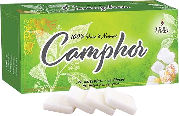 Natural Camphor Blocks,Pure Camphor Tablets for Aromatherapy & Puja - Alcanfor en Bloques, Alcanfor en Bolitas, Kapoor for Pooja (150 Grams (32 Tablets))