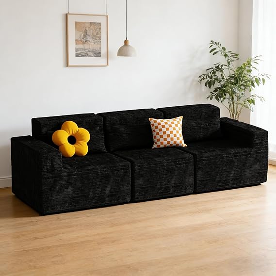 258cm Modular Sofa Boneless Cloud Couch Sectional Couch Memory Foam Corduroy Sofa Bed Wide Armrest Deep Seat Pillow Bottom Anti-Slip Living Room Bedroom No Assembly Required, Black, 3 Seater