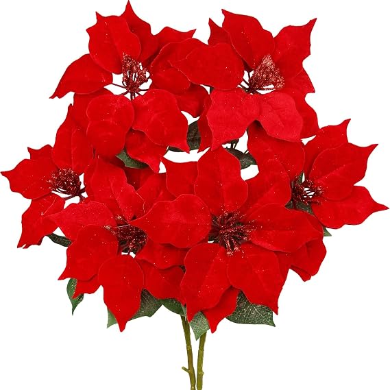 2 Pcs Poinsettias Artificial Christmas Flowers Decorations 35.4" Long Stem Velvet Red Poinsettia Flowers Bouquet for Home Porch Xmas Tree Garden Indoor Outdoor Wedding Party Holiday Decor