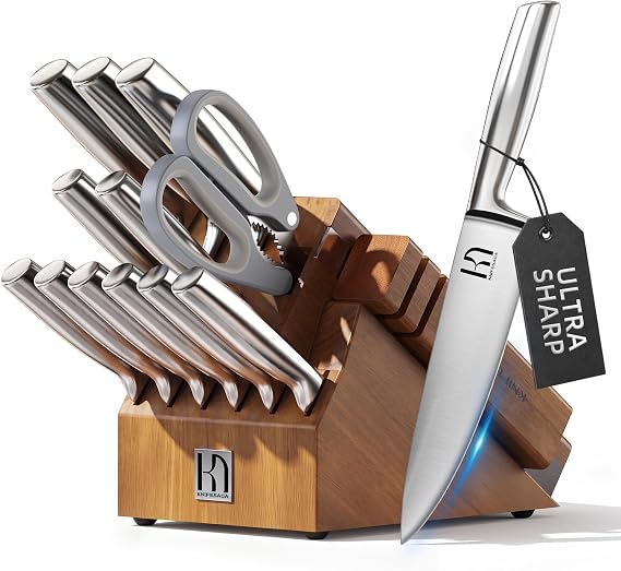 KnifeSaga Kitchen Knife Set with Block and Detachable 2-Stage Sharpener | 14-Piece Premium High Carbon Stainless Steel Knives with Ergonomic Anti-Slip Handle, Rubberwood Knife Block