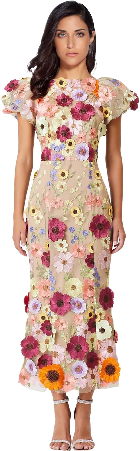Women's Floral Embroidery Maxi Dress Wedding Guest Dress Puff Sleeve High Neck Lace Bodycon Evening Party Cocktail Dress
