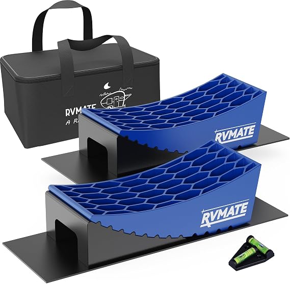 RVMATE Camper Levelers 8-Piece Kit RV Leveling Blocks Camper Wheel Chocks Including Two Curved Levelers, Two Chocks, One Level and Two Rubber Grip Mats in Storage Carrying Bag
