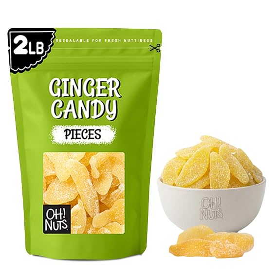 Oh! Nuts Ginger Candy - 2 lb - Dried Fruit Slices - with Crystallized Sugar Candied Coating - Dehydrated Fruit Bites - Packed in New York Zip-Seal Bag for Exceptional Freshness