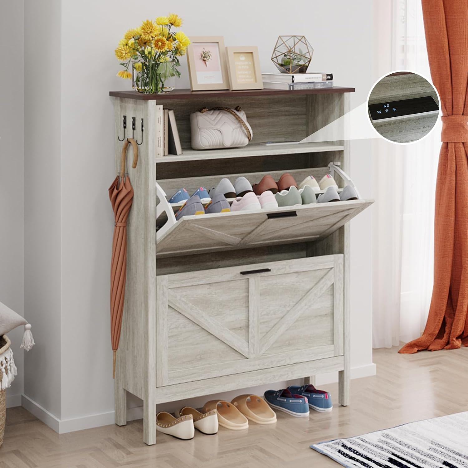 Shoe Storage Cabinet with 2 Flip Drawers,Automatic Deodorization Function, Freestanding Shoes Organizer Cabinet,Beige Oak