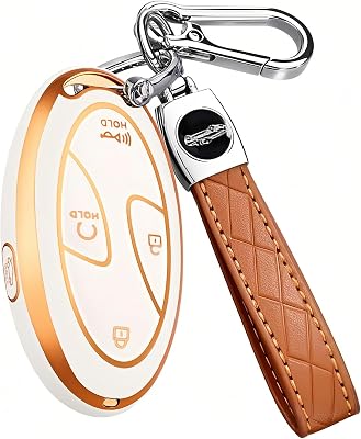 5 Buttons Compatible with Hyundai Key Fob Cover Accessories, Fits for Elanrtra Sonata Ioniq Santa Fe Santa Cruz KONA Tucson, Soft TPU Key Case with Leather Keychain Ivory