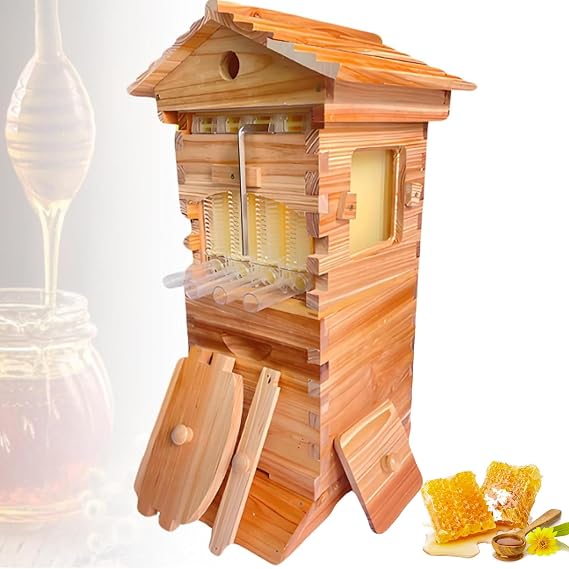 Beehive Starter Kit, Beehive Kit, Flow Hive, with Observation Window & Honey Spout, Wooden Bee Box, with Integrated Carpenter Bee House, for Beekeeping,Garden Pollinators.