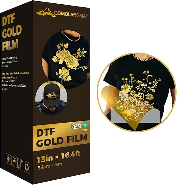 DTF Film Roll 13in x 16.4ft DTF Transfer Film Gold/Silver Foil Film Roll for Direct to Film Transfer Printing, Cold Peel (Gold)