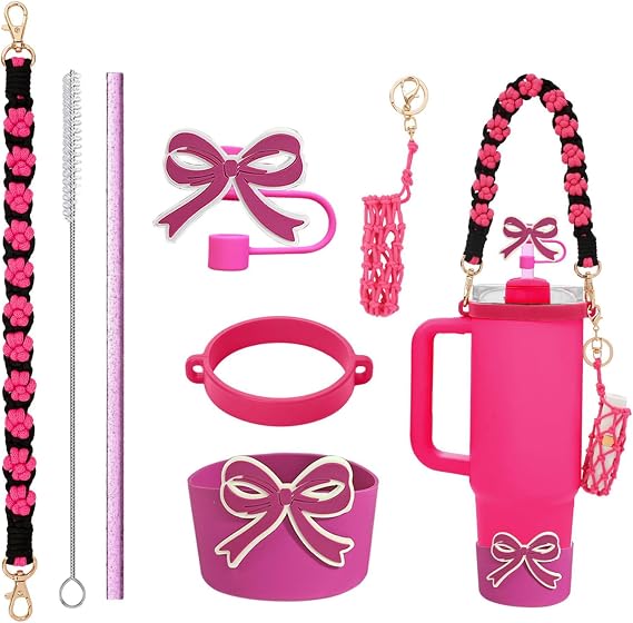 7PCS Stanley Cup Accessories Set for 30oz 40oz Tumbler,Including Silicone Stanley Cup Boot Straw Cover, Straw and Brush, Water Bottle Accessories Handle Strap&Tumbler Charms Decorations(Rose Red)