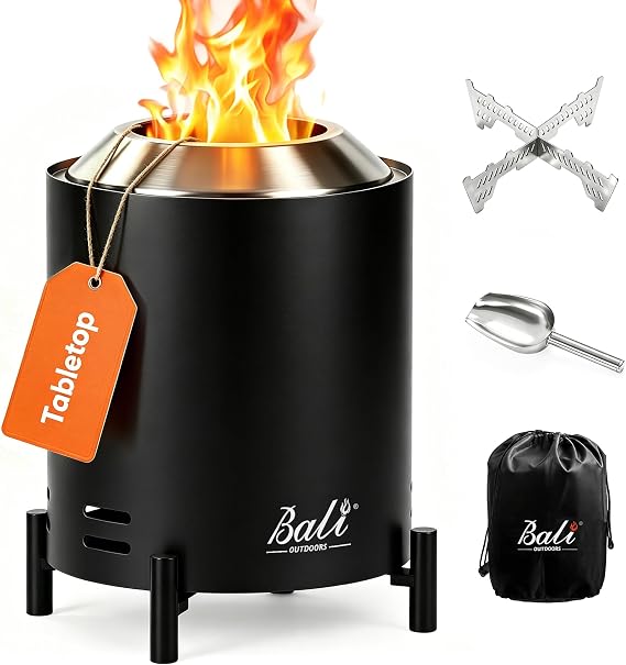 BALI OUTDOORS Smokeless Tabletop Fire Pit, Portable Black Fire Pits for Wood or Pellets, with Stove Rack and Storage Bag for Garden, Patio, Camping and Campervan