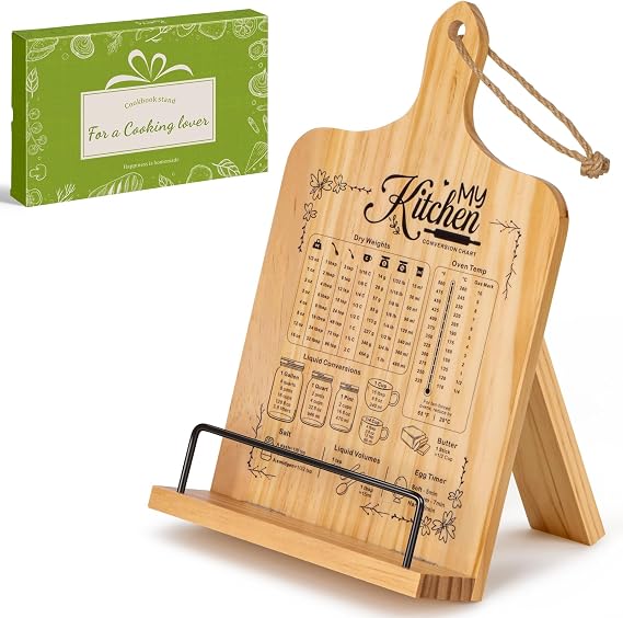 PUERSI Cook Book Stand for Kitchen Counter, Wooden Recipe Book Holder | with Measurement Conversion Chart, Adjustable Cookbook Stand, Kitchen Gifts for Cooking Lovers