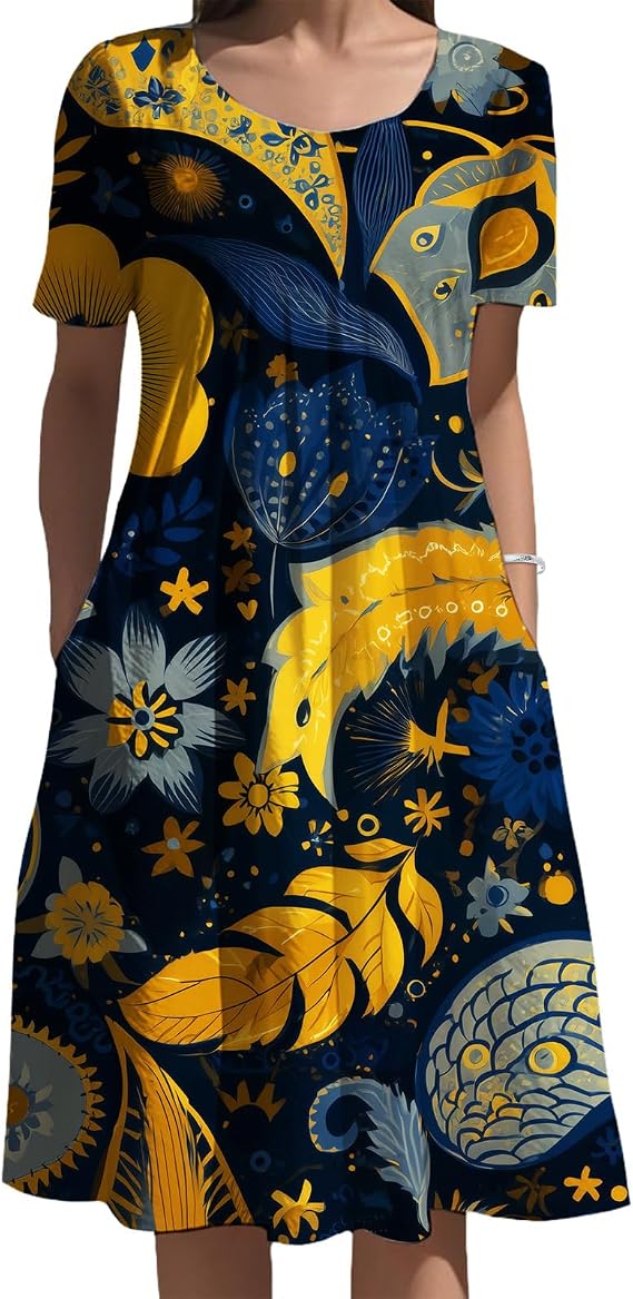 Mixed Media Ethnic Patchwork Floral Midi Dress with Pockets Womens Boho Dress Floral Boho Dress