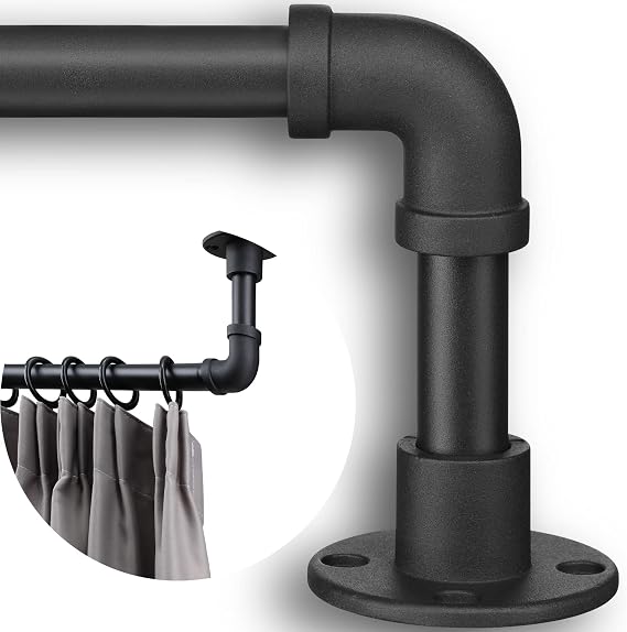 Industrial Pipe Curtain Rods - Matte Black Heavy Duty Blackout Curtain Rod Set for Room Divider - Outdoor Rustic Wrap Around Curtain Rods 28-38"
