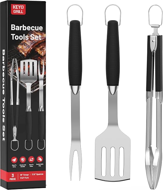 KEYO 3-Piece Compact BBQ Tool Sets, with Insulated Handles, Dishwasher Safe | Heavy Duty BBQ Accessories Made of 304 Stainless Steel, Consisting of Grill Tongs, Turner, and Fork, Surprise Gifts for Men