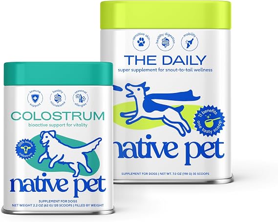 Native Pet The Daily Dog Vitamins & Supplements (30 Scoops) & Bovine Colostrum Powder (120 Scoops) 11-in-1 Multivitamin, Allergy Relief, Immune Support & Itchy Skin Treatment for Dogs
