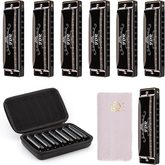 JDR Harmonica Set of 7 Key of C D E F G A Bb Diatonic Blues Harp | 20 Tones Mouth Organ with EVA Carrying Case for Beginners Adults Gift Professionals Black