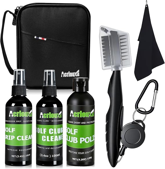 6-in-1 Golf Club Cleaning Kit - Club Cleaner, Grip Cleaner, Polish, Water-Spray Brush,Professional Golf Towel & Portable Bag | Restores Clubs, Removes Rust/Scratches, Renews Tackiness