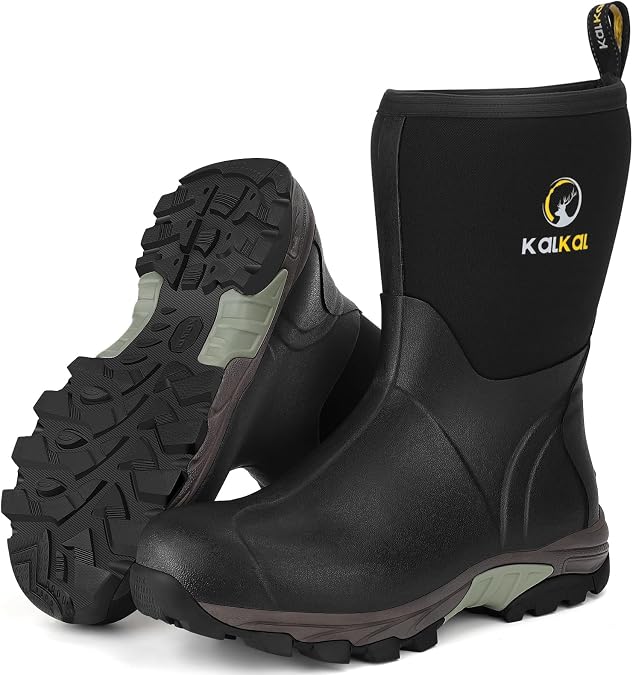 Kalkal Rubber Boots for Men, Waterproof Mid Calf Mens Rain Boots, 6mm Neoprene Insulated Mens Rubber Work Boots for Hunting Gardening Farming Fishing Mud Working, Size 7-14