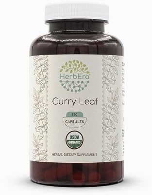 HerbEra Curry Leaf USDA Organic Capsules | Certified Organic Vegetarian Capsules, Herbal Dietary Supplement | Murraya koenigii Dried Leaf 120 Count