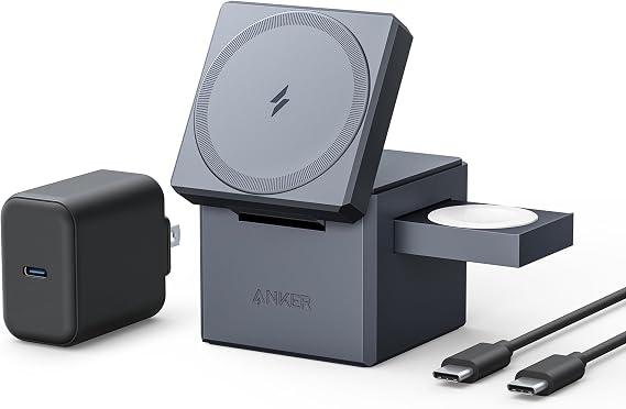 Anker 3-in-1 Cube MagSafe Compatible 15W Foldable Charging Station | Wireless Charger, Compact Desktop Stand for iPhone 17 / 16 Series, Apple Watch, and AirPods (Adapter Included, Non-Battery)