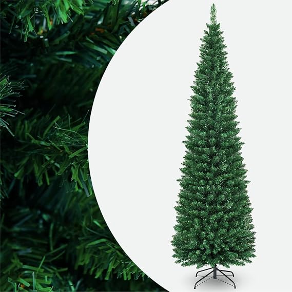 SPOTRAVEL 5FT/6FT/7FT/8FT Artificial Slim Pencil Christmas Tree (7FT/2.1M) | Traditional Pine Xmas Tree with Metal Stand, Decorative Pine Tree for Home, Office, Shop and Hotel