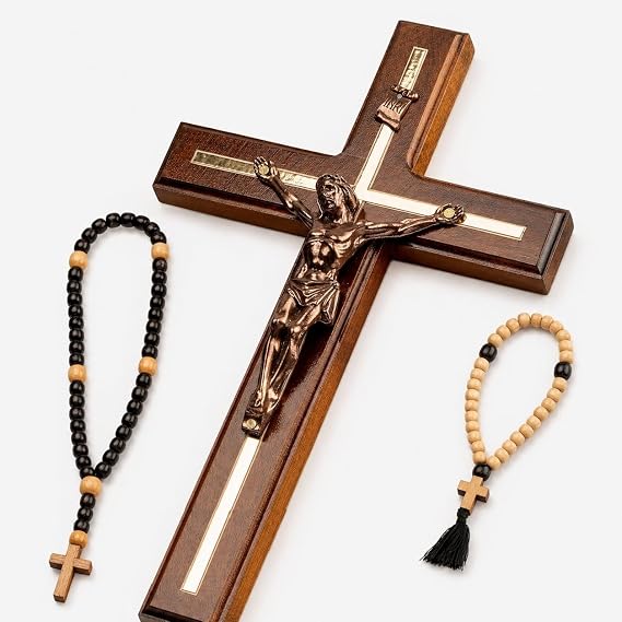 Woodvio Handmade Wooden Wall Cross with Metal Jesus Corpus, Traditional Catholic Crucifix for Wall, Christian Religious Gift with 2 Wooden Rosaries