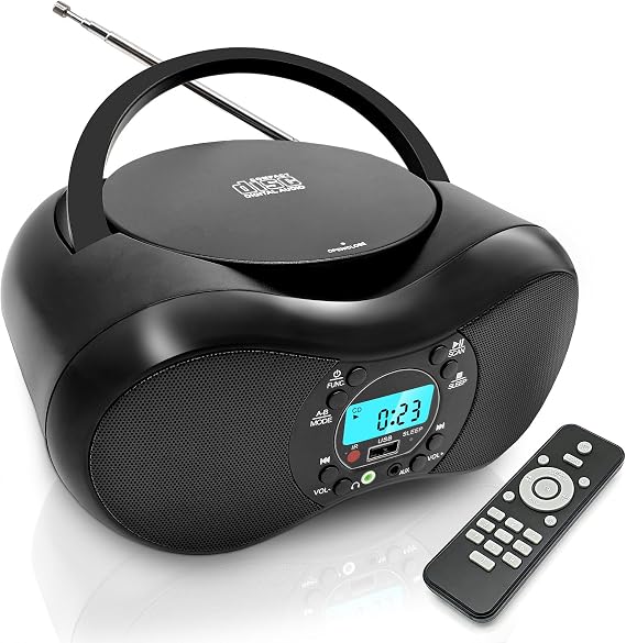 Portable CD Player with Bluetooth, FM Radio, USB Playback, Remote Control, Stereo Speakers, AUX Headphone Jack, AC or 6 C Battery Powered, Programmable Repeat, LCD Display, Retro Black