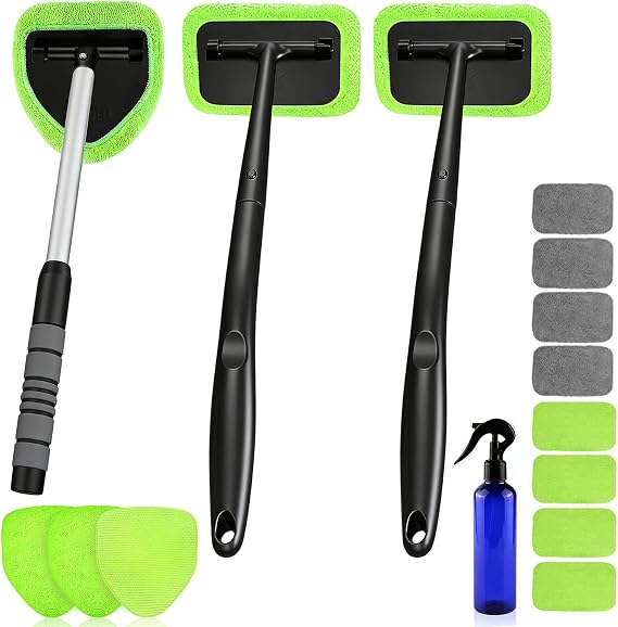 XINDELL Dual-Use Glass Cleaning Combo Triangle-Head Car Windshield Cleaner Tool with Extendable Handle & 4 Pads + 2-Pack Square-Head Home/Bathroom Glass Cleaning Brushes for Windows, Mirrors & Showe