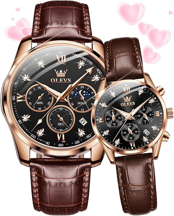 OLEVS Valentines Couple Pair Watches His and Her Couple Set Leather Chronograph Diamond Wrist Watch Men Women Lovers Wedding Romantic Gifts Set of 2
