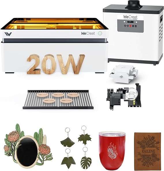 WECREAT Vision 20W Laser Engraver Machine with Auto-Lifting & HD Camera | with Fume Extractor & 4 in 1 Rotary, 600mm/s Speed, Class 1 Enclosed Laser Engraver for Metal Tumblers Wood Acrylic Leather