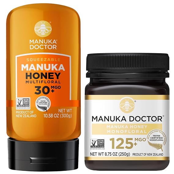 MANUKA DOCTOR - MGO 30+ Multifloral SQUEEZY and MGO 125+ Monofloral Manuka Honey Value Bundle, 100% Pure New Zealand Honey. Certified. RAW. Non-GMO