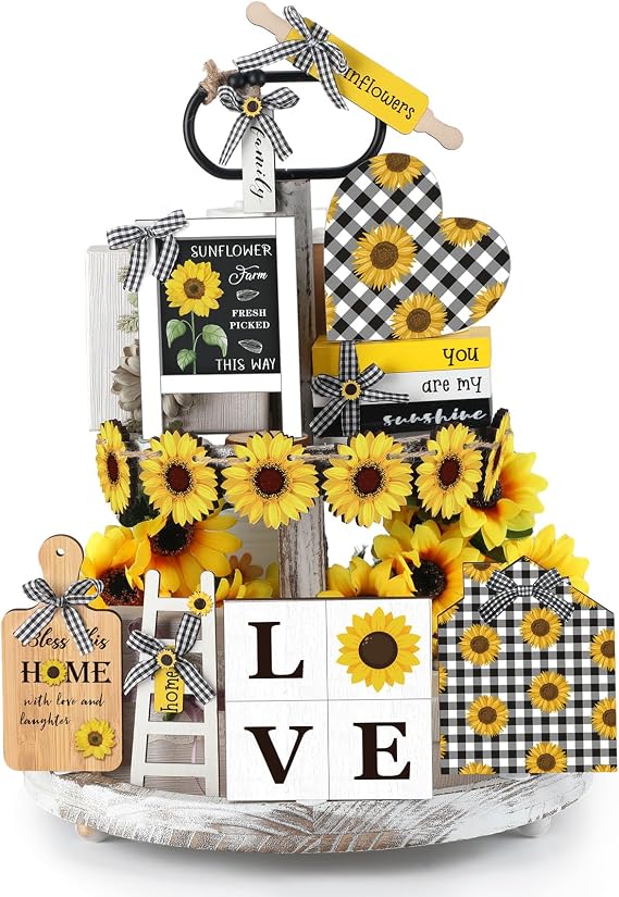 Thyle 15 Pcs Sunflower Tiered Tray Decor Set Wooden Ornament Rustic Decorations Farmhouse Sunflower Sign for Gifting Table Home Decor