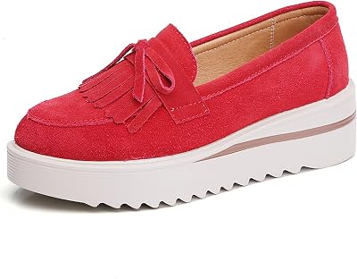 Womens Tassel Suede Platform Loafers Fashion Bow Comfortable Round Toe Slip On Anti-Slip Wedge Walking Shoes for Daily Driving Work Casual Shoes