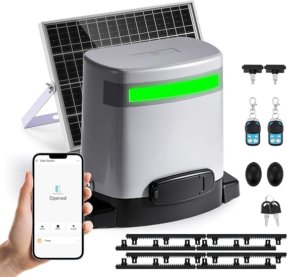 1300lbs Solar Sliding Gate Opener with Nylon Gear Rack Drive, Automatic Gate Motor Kit for 40ft Gates, WiFi App & Remote Control, Built-in Backup Battery & Infrared Safety Sensor