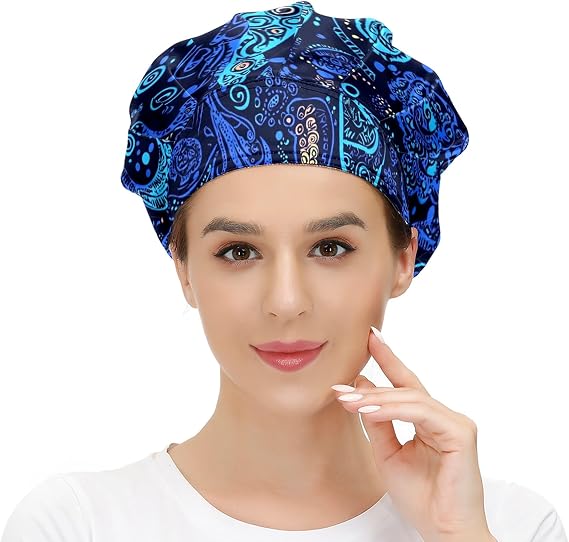 Working Cap with Button and Sweatband Adjustable Tie Back Bouffant Hats Printed Multi Color for Woman Man Blue Seamless Pattern