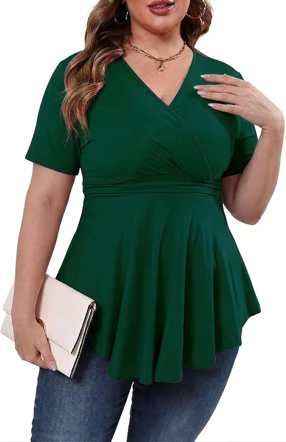 Gocolloa Plus Size Tops for Women Summer Short Sleeve V Neck Casual Shirts Dressy Pleated Wrap Tunic Top Blouses