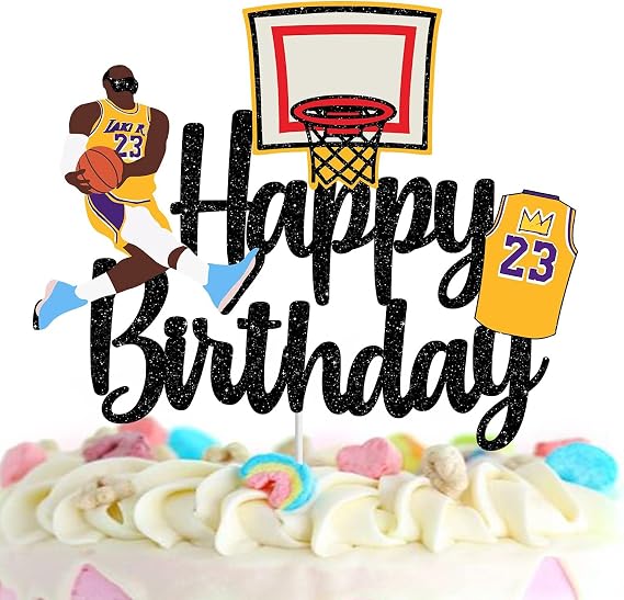 Basketball Cake Topper - Boy girl Happy Birthday Party Basketball Star Themed Cake Decorations Black Glitter