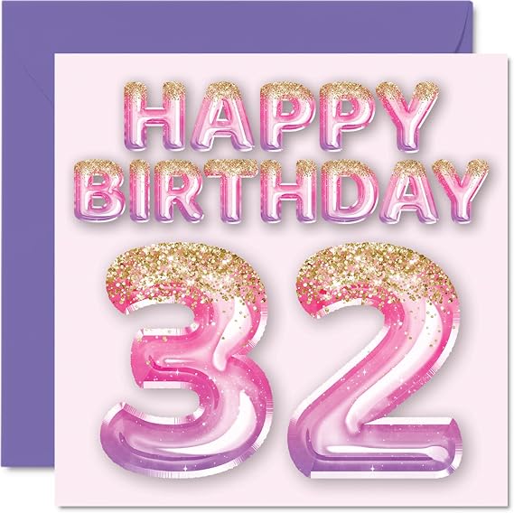 32nd Birthday Card for Women - Pink & Purple Glitter Balloons - Happy Birthday Cards for 32 Year Old Woman Friend Sister Mom Auntie, 5.7 x 5.7 Inch Thirty-Two Thirty-Second Bday Greeting Cards Gift