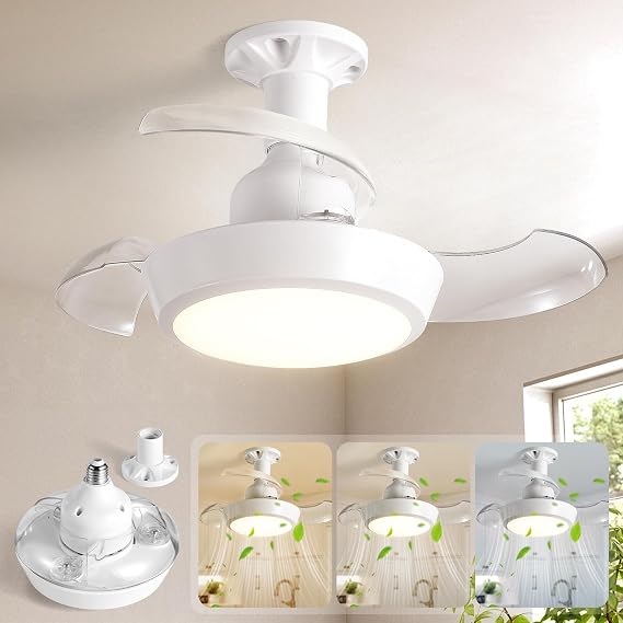 Socket Fan Light with Remote, Retractable Ceiling Fan Light with E27 Socket, Ultra-Quiet DC Motor, Dimmable LED for Small Spaces - Workshop, Garage, Bedroom (Flush Mount, No Visible Blades)