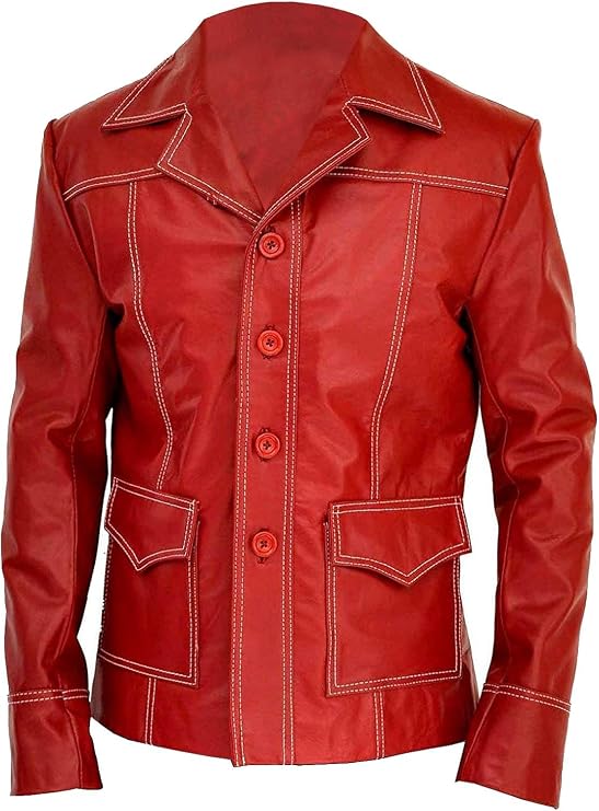 Mens Fight Club Brad Red Leather Jacket Tyler Motorcycle Biker Coat