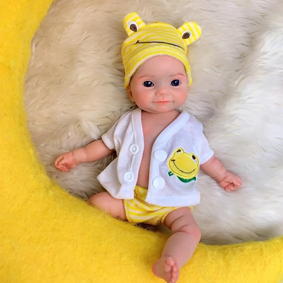 Lifelike Full Body Silicone Reborn Baby Dolls Girl - 11Inch Realistic Full Silicone Body Baby Doll with Big Eyes Yellow Frog Set for 3+ Years Old