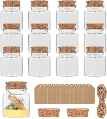 Small Glass Jars with Cork Lids, 12 Pack, 50ml Capacity, Clear, Reusable, Shatter Resistant, Perfect for Craft Gifts, Mini Sea Shells, Terrariums, Tea and Bath Salts, Wedding Sand Ceremony
