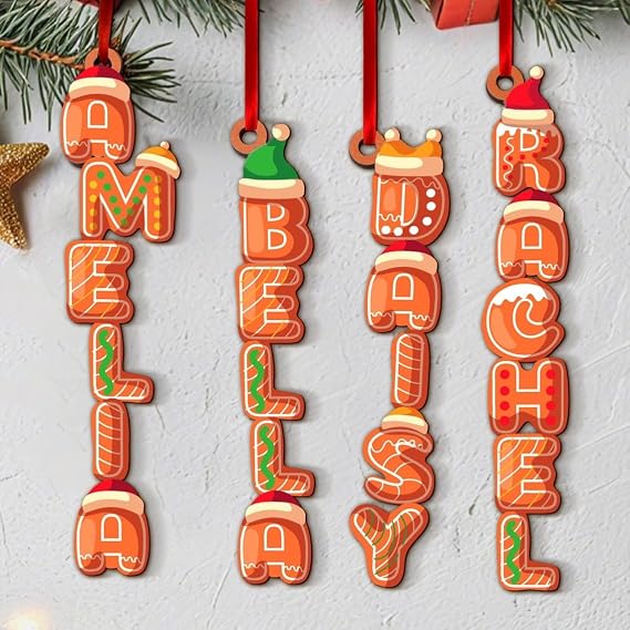 Personalized Gingerbread Letter Christmas Ornament, Custom Name Tree Decoration, Acrylic or Wood, 1 inch Width