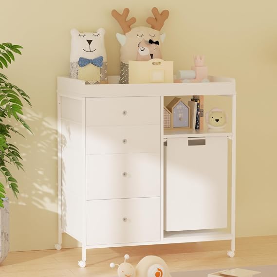 Diaper Changing Station with 4 Wheels,1 Open Shelf and 1 Laundry Hamper