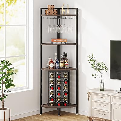 Tribesigns Corner Wine Rack with Glass Holder and Storage Shelves, 4 Tier Corner Bar Corner Wine Cabinet, Industrial Corner Wine Shelf for Living Room, Small Space Brown