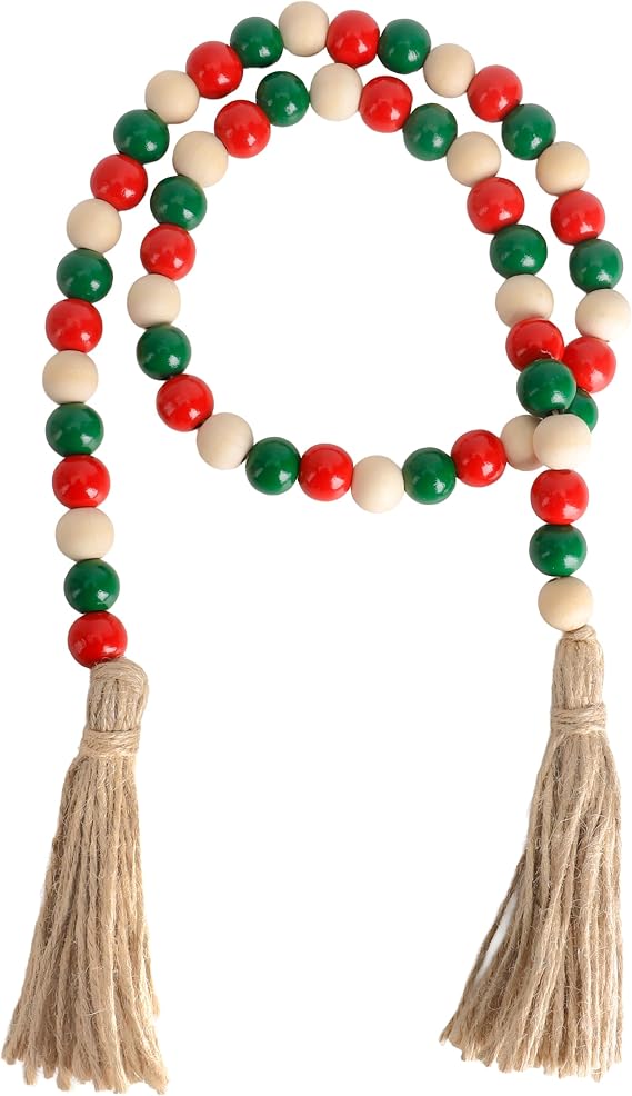 Red Green Wooden Bead Garlands, 39 Inch Xmas Natural Wood Bead Garland with Rope Tassel, Rustic Christmas Bead Garland for Tiered Tray Decor Xmas Tree Farmhouse Home Kitchen Wall Hanging Decoration