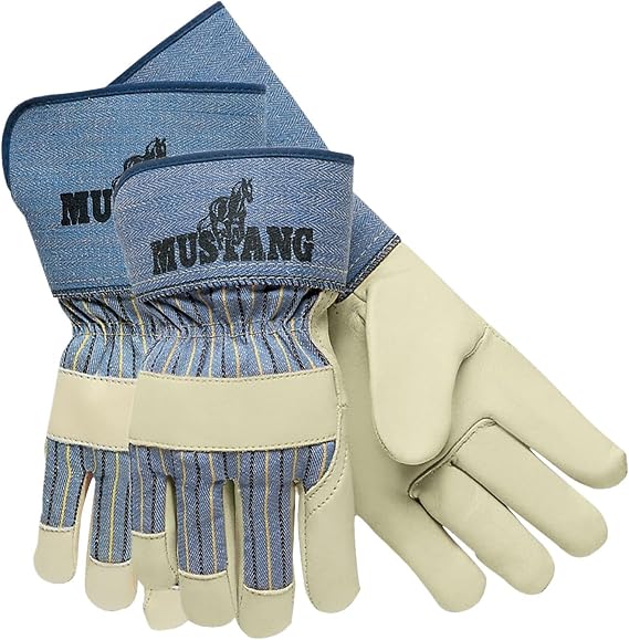 MCR Safety Mustang Leather Palm Gloves, Blue/cream, Large, 12 Pairs
