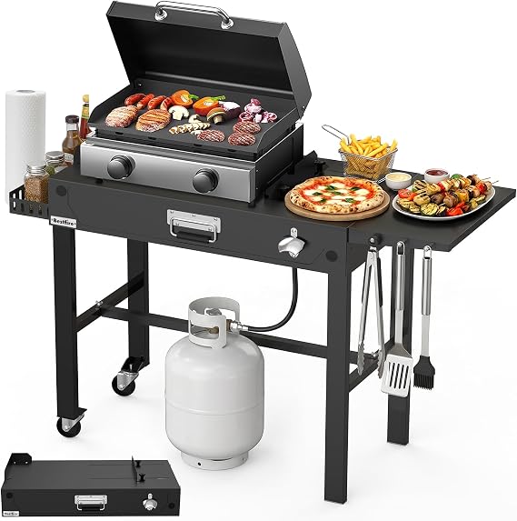 BESTFIRE Grill Table for Blackstone Griddle 14-28", Foldable Grill Cart with Wheels, Portable Outdoor Grill Prep Table, Folding Camping Grill Side Table for BBQ, Tailgating & Backyard Cooking